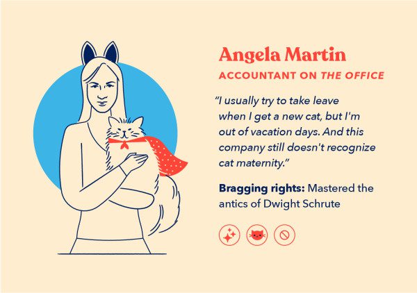 an illustration of Angela Martin, the token cat lady on The Office, holding a cat who is in a cape