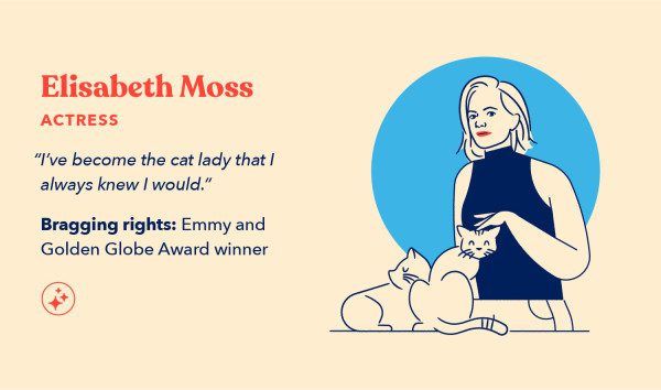 a cat lady illustration of Elisabeth Moss with her two felines Lucy and Ethel