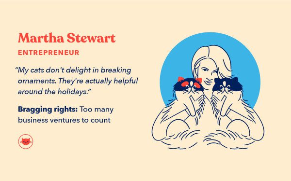 a cat lady illustration of Martha Stewart holding two Calico Persian cats