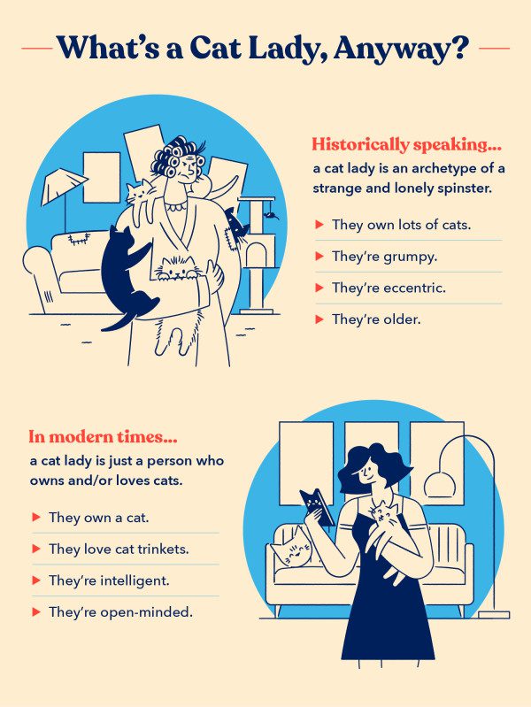 a disgruntled older woman represents a fictional cat lady while a polished young person represents a modern-day cat lady